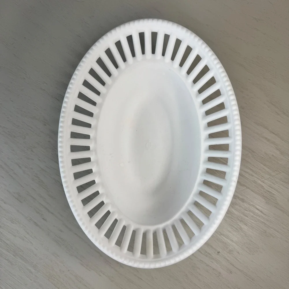 Imperial Glass White Frosted Satin Oval Bowl Reticulated Beaded Edge Vintage